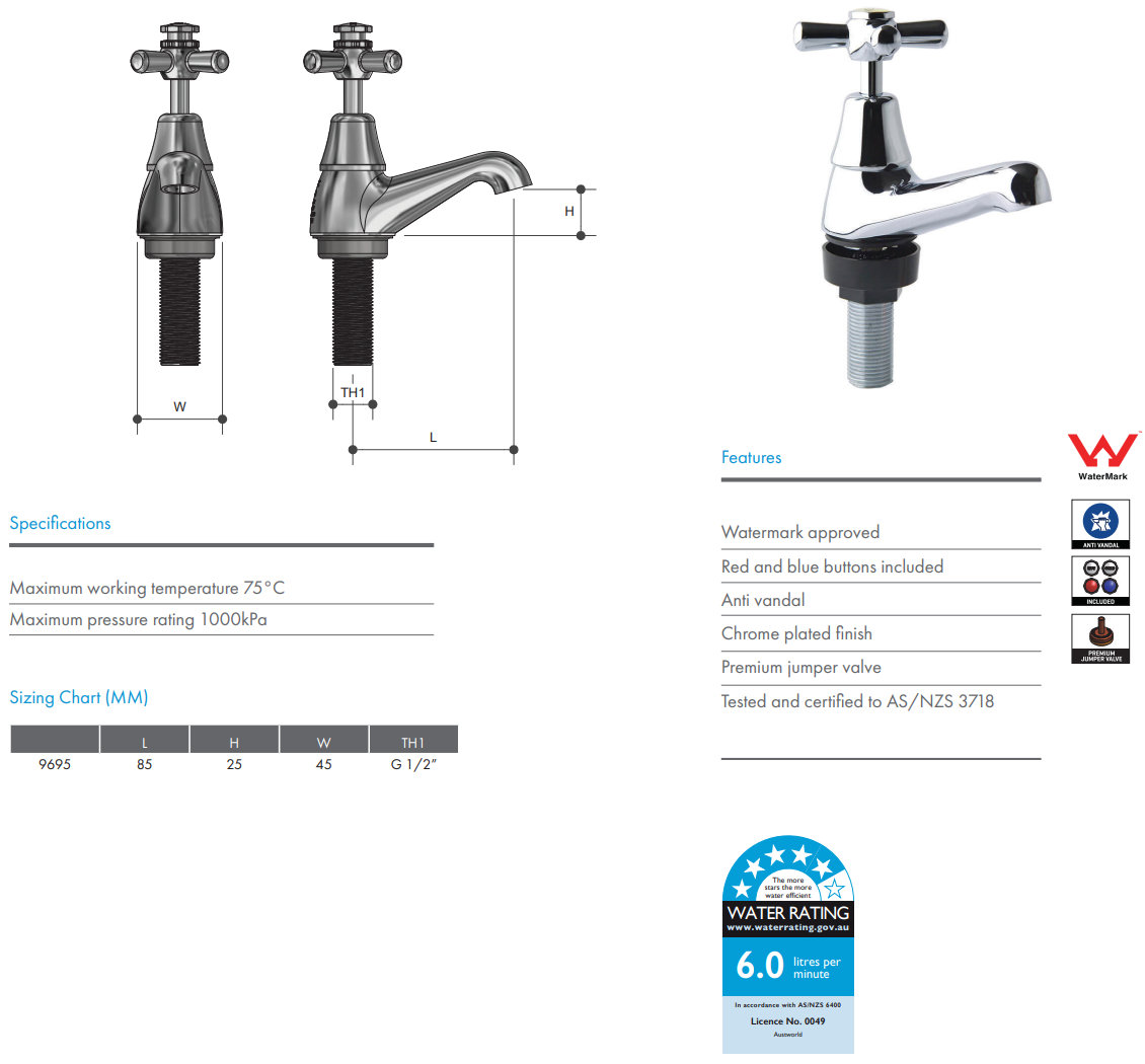 9695 Whitehall Chrome Plated Pillar Tap Anti Vandal Jumper Valve