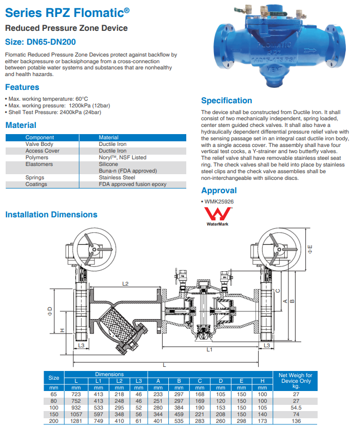 FLORPZ150TE 150mm Flomatic Cast Iron Rpz Device Only Table E Watts