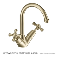 Merino Cross Twin Sink Mixer  - 4  Star - 3/4 Turn Ceramic Matt White &amp; Gold (Lf)