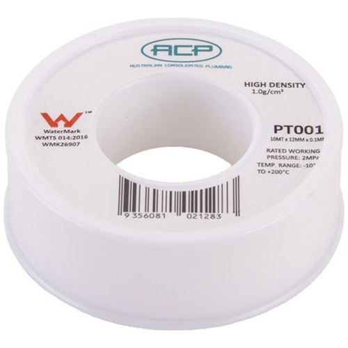 PTFE THREAD SEALING TAPE H/D WHITE 12mm x 0.1mm x 10MT (10 PER PKT)