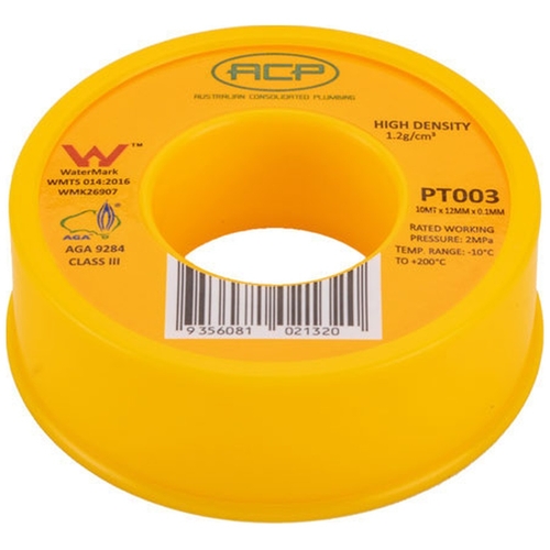 PTFE THREAD SEALING TAPE H/D YELLOW 12mm x 0.1mm x 10MT (10 PER PKT)